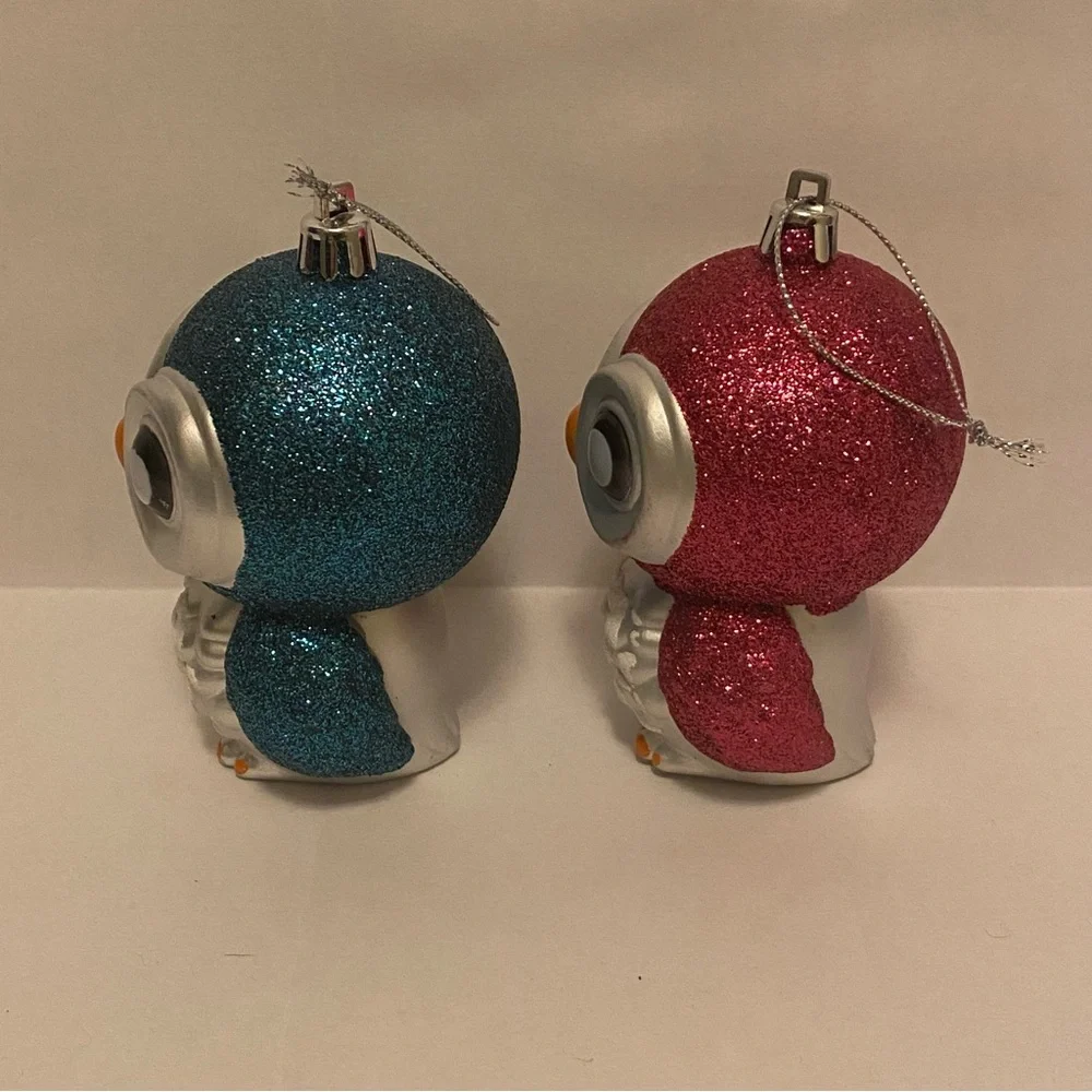 Blue & Pink Glitter Owl Ornament Duo - Glitter Holiday Decorations